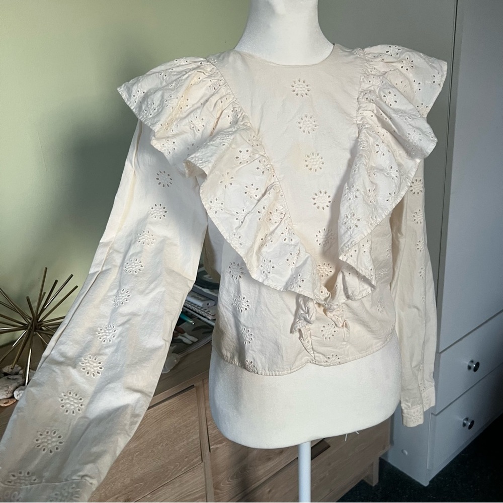 Off-White Floral Eyelet Lace 100% Cotton Ruffle Crewneck Blouse Shirt Top XS